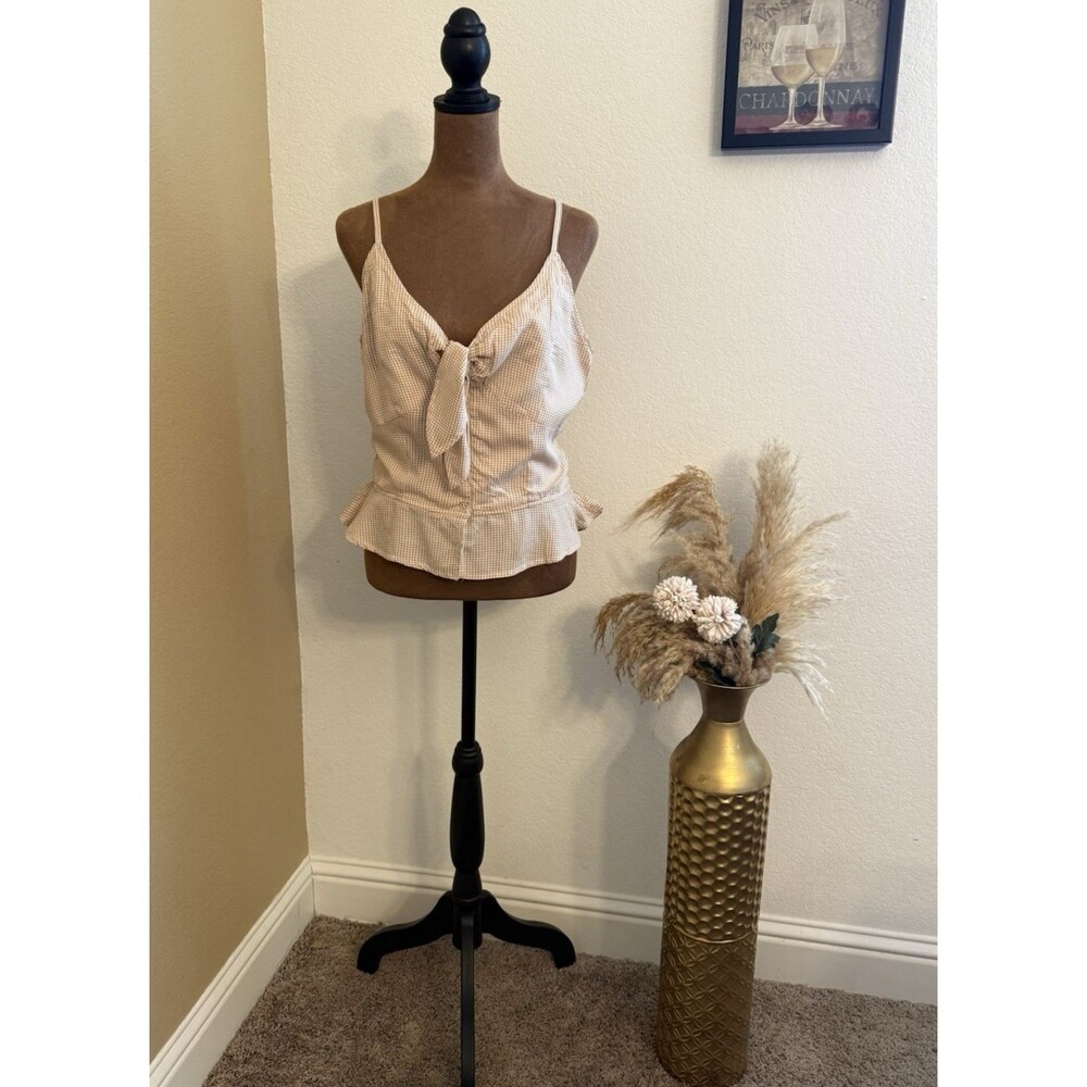 Japna Gingham Cami Top Large Beige White Peplum Tie Front Smocked Camisole